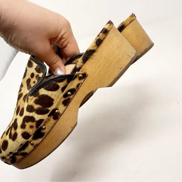J. Crew Calf Pony Hair Cheetah Leopard Print Wooden Clogs Size 6 - Picture 6 of 9